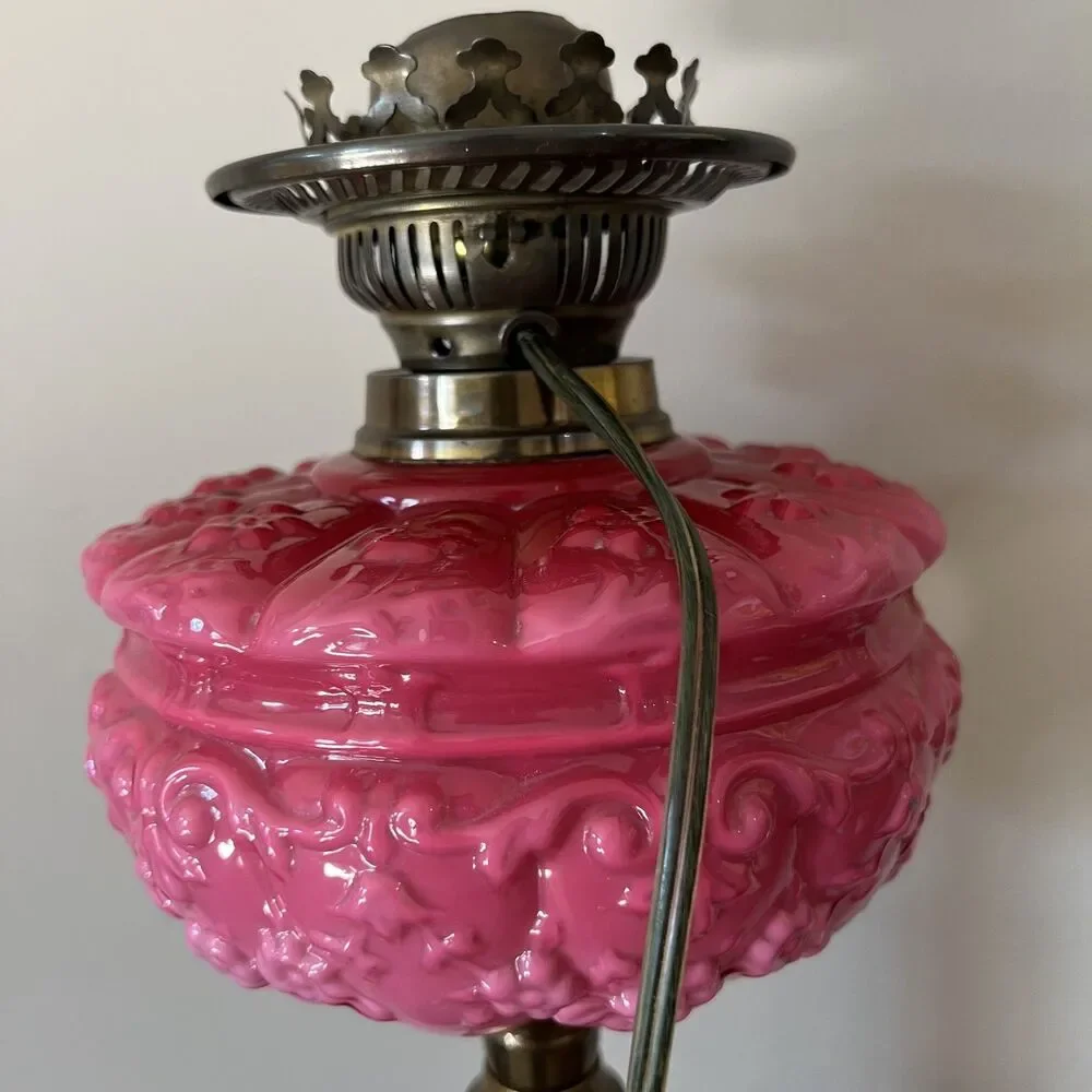 Antique Victorian Pink Cranberry Milk Glass Oil Lantern Electric Parlor Lamp